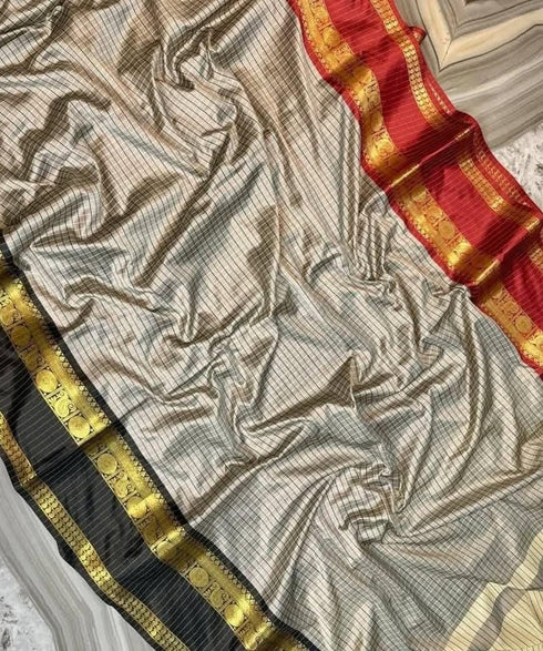 Cream Banarasi Ganga Jamuna Soft Silk Saree with Dual Zari Border