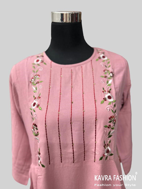 Peach Heavy Rayon Embroidered Long Anarkali Kurti