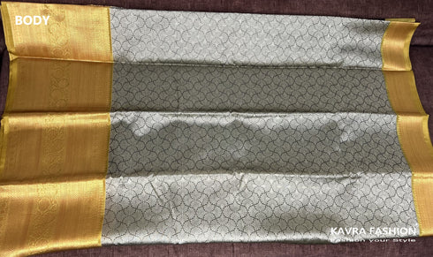 Semi Banarasi Kora Muslin Tanchui Soft Silk Saree Grey and Mustard