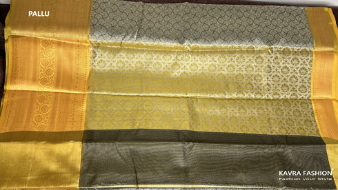Semi Banarasi Kora Muslin Tanchui Soft Silk Saree Grey and Mustard