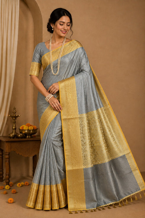 Semi Banarasi Kora Muslin Tanchui Soft Silk Saree Grey and Mustard