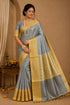 Semi Banarasi Kora Muslin Tanchui Soft Silk Saree Grey and Mustard