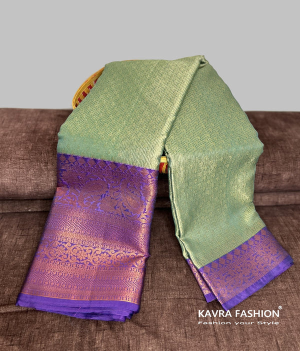 Semi Banarasi Kora Muslin Tanchui Soft Silk Saree Green and Purple