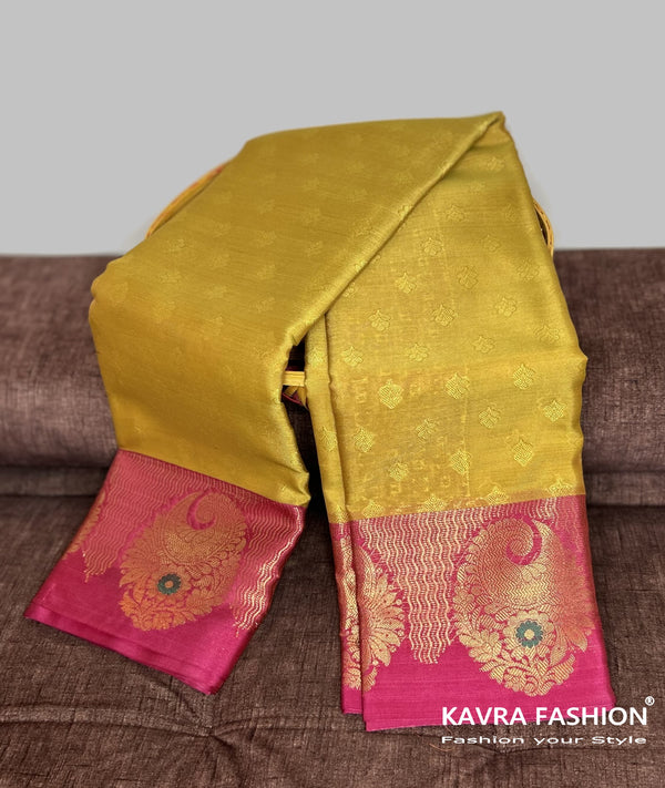 Semi Banarasi Kora Muslin Tanchui Soft Silk Saree Mustard and Pink