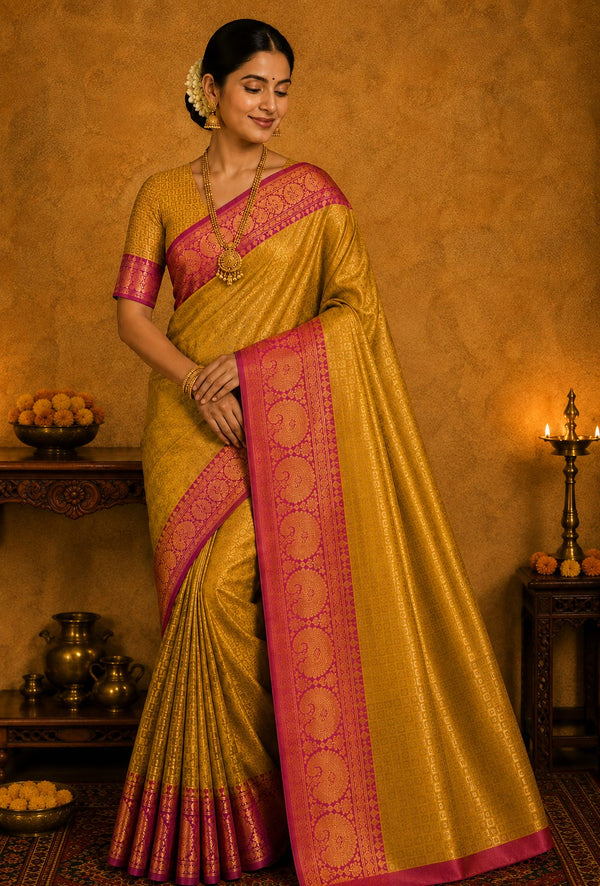 Semi Banarasi Kora Muslin Tanchui Soft Silk Saree Mustard and Pink