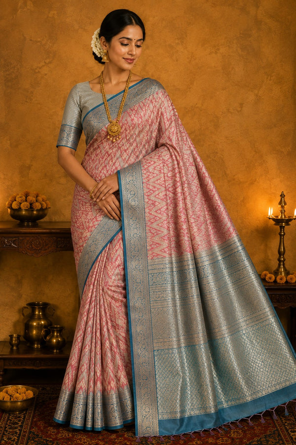 Semi Banarasi Kora Muslin Tanchui Soft Silk Saree Peach and Teal