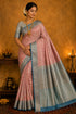 Semi Banarasi Kora Muslin Tanchui Soft Silk Saree Peach and Teal
