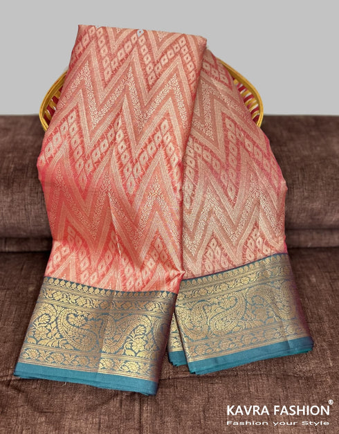 Semi Banarasi Kora Muslin Tanchui Soft Silk Saree Peach and Teal