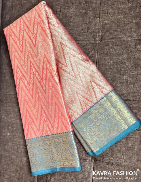 Semi Banarasi Kora Muslin Tanchui Soft Silk Saree Peach and Teal