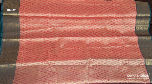 Semi Banarasi Kora Muslin Tanchui Soft Silk Saree Peach and Teal