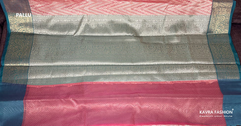 Semi Banarasi Kora Muslin Tanchui Soft Silk Saree Peach and Teal