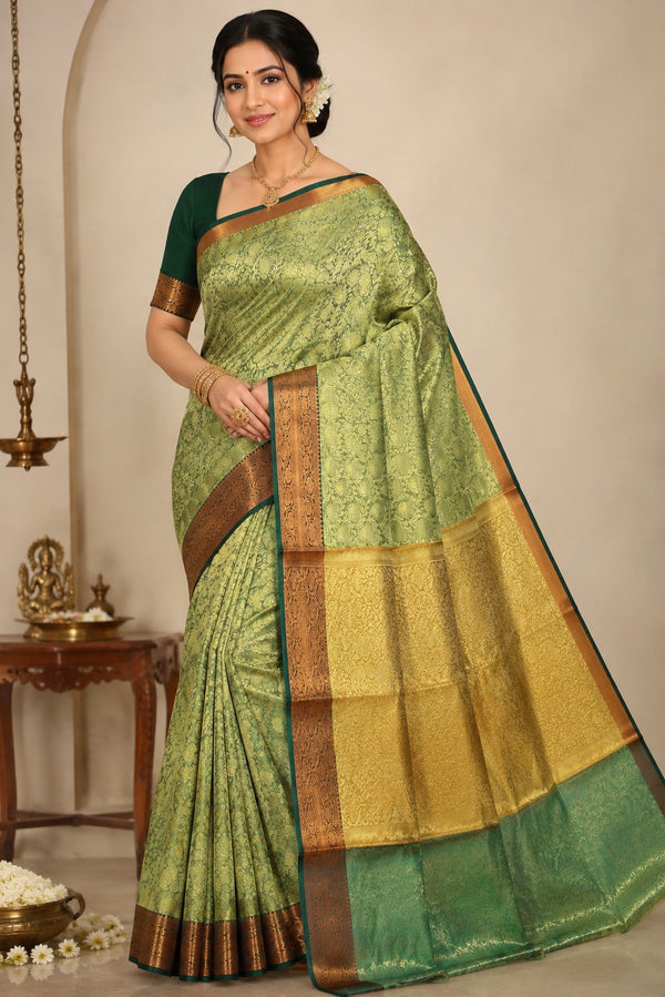Semi Banarasi Kora Muslin Tanchui Soft Silk Saree Green