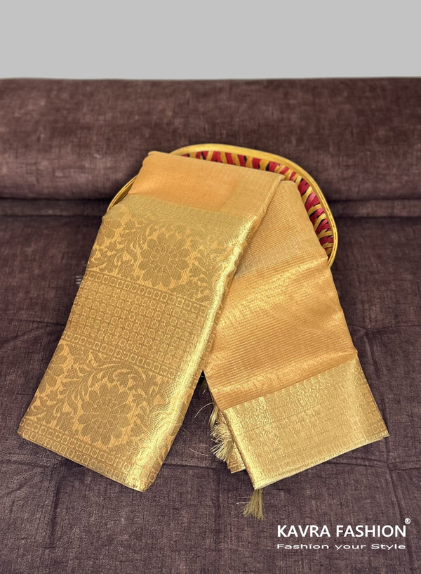 Orange Soft Semi Banarasi Tissue Silk Saree with Floral Zari Border