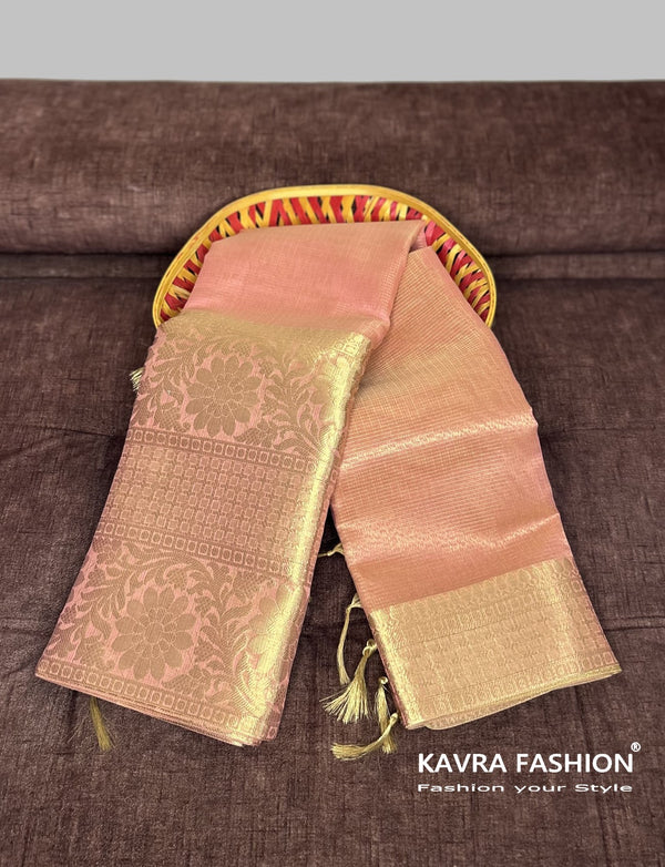 Pink Soft Semi Banarasi Tissue Silk Saree with Floral Zari Border
