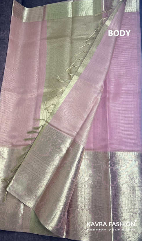 Pink Soft Semi Banarasi Tissue Silk Saree with Floral Zari Border
