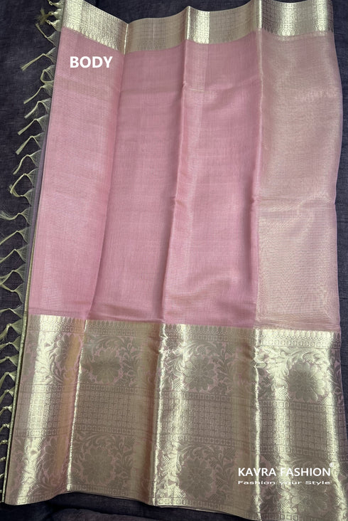 Pink Soft Semi Banarasi Tissue Silk Saree with Floral Zari Border