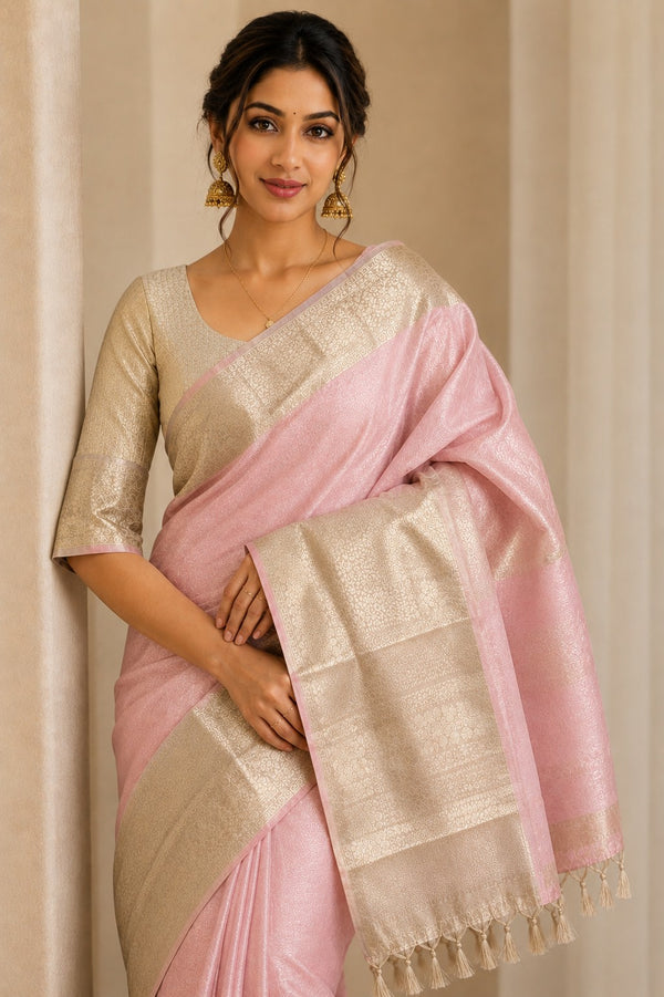 Pink Soft Semi Banarasi Tissue Silk Saree with Floral Zari Border