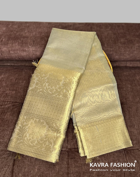 Grey Soft Semi Banarasi Tissue Silk Saree with Floral Zari Border