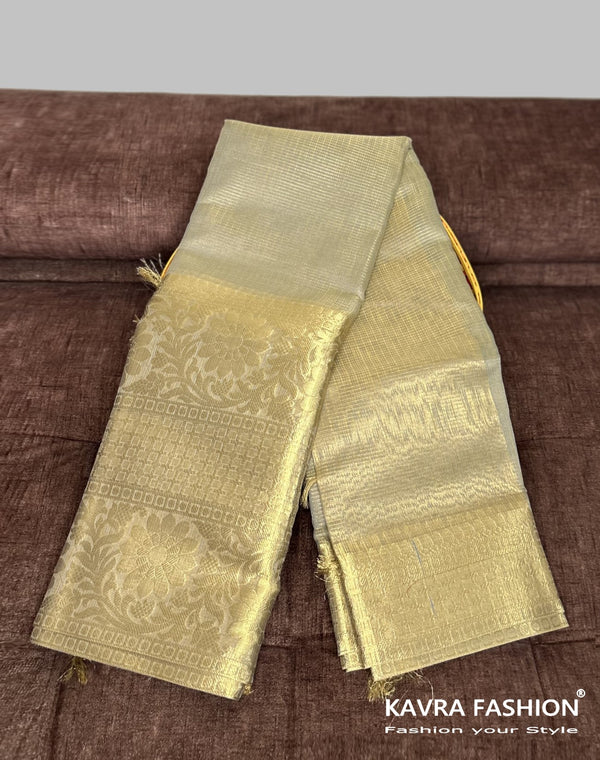 Grey Soft Semi Banarasi Tissue Silk Saree with Floral Zari Border