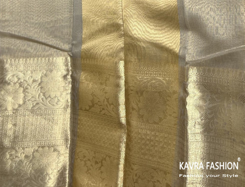 Grey Soft Semi Banarasi Tissue Silk Saree with Floral Zari Border