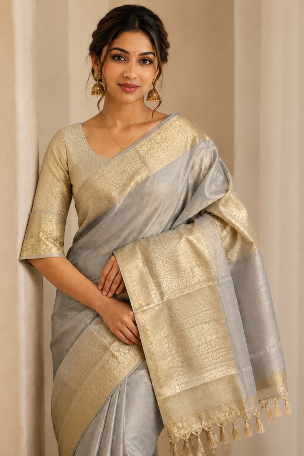 Grey Soft Semi Banarasi Tissue Silk Saree with Floral Zari Border