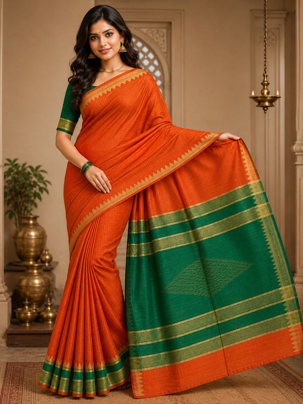 Semi Raw Silk Orange Handloom Saree with all over Khapa dots and khapa temple border