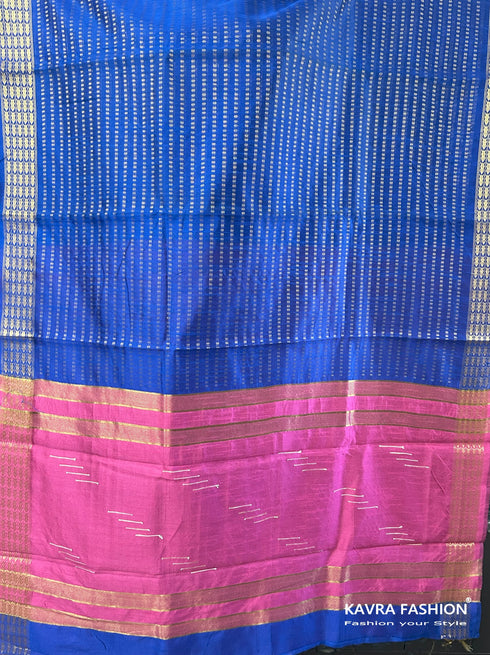 Semi Raw Silk Blue Handloom Saree with all over Khapa dots and khapa border