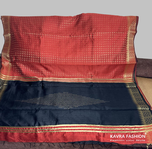 Semi Raw Silk Maroon Handloom Saree with all over Khapa dots and khapa temple border