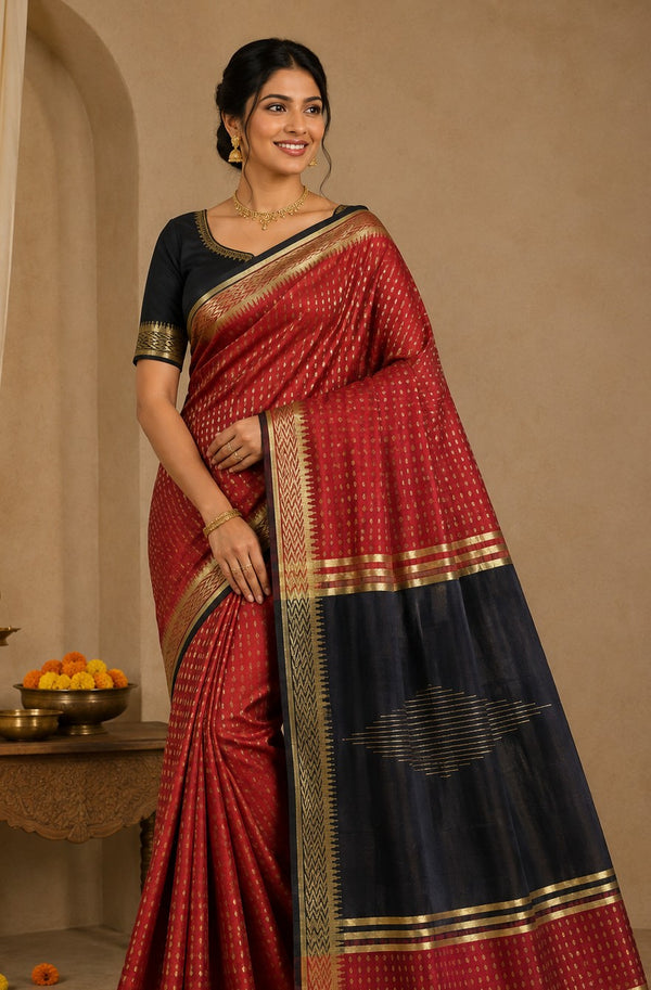 Semi Raw Silk Maroon Handloom Saree with all over Khapa dots and khapa temple border