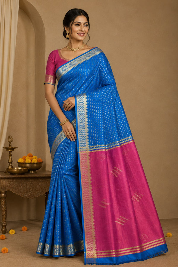 Semi Raw Silk Turquoise Blue Handloom Saree with all over Khapa dots and khapa temple border