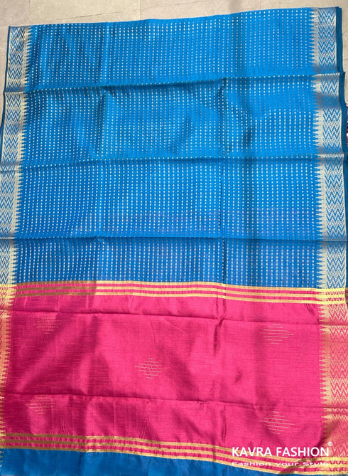 Semi Raw Silk Turquoise Blue Handloom Saree with all over Khapa dots and khapa temple border