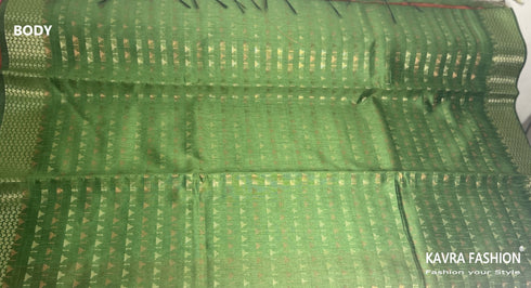 Semi Raw Silk Green Handloom Saree with all over Khapa dots and khapa border