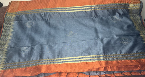 Semi Raw Silk Orange Handloom Saree with all over Khapa dots and khapa temple border