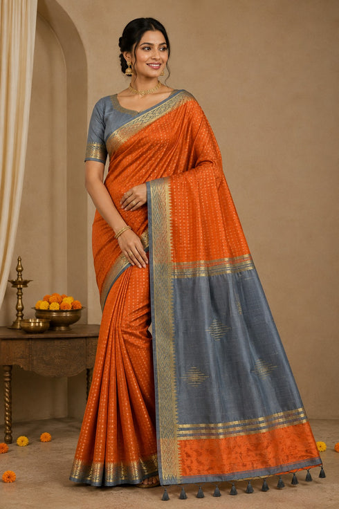 Semi Raw Silk Orange Handloom Saree with all over Khapa dots and khapa temple border