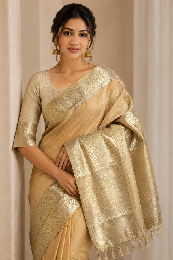 Mustard Soft Semi Banarasi Tissue Silk Saree with Floral Zari Border