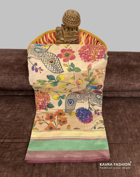 Beige Semi Kanchi Cotton Kalamkari Hand Paint Handloom Saree with Contrast Pallu and Border
