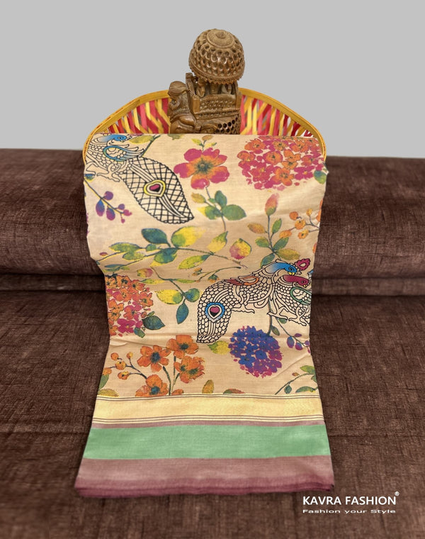 Cream Kanchi Cotton Kalamkari Hand Paint Handloom Saree with Contrast Pallu and Border