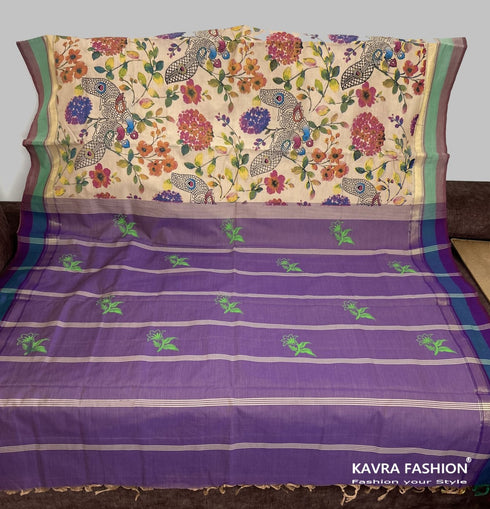 Beige Semi Kanchi Cotton Kalamkari Hand Paint Handloom Saree with Contrast Pallu and Border