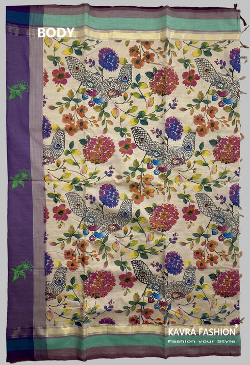 Beige Semi Kanchi Cotton Kalamkari Hand Paint Handloom Saree with Contrast Pallu and Border