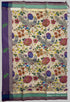 Beige Semi Kanchi Cotton Kalamkari Hand Paint Handloom Saree with Contrast Pallu and Border