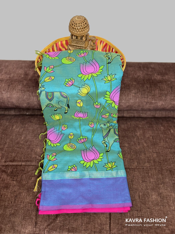 Turquoise Kanchi Cotton Kalamkari Hand Paint Handloom Saree with Contrast Pallu and Border