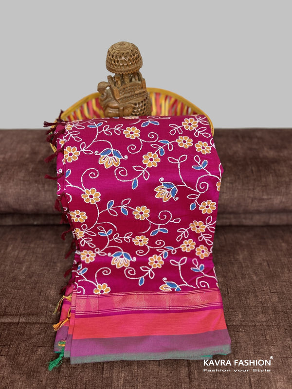 Pink Kanchi Cotton Kalamkari Hand Paint Handloom Saree with Contrast Pallu and Border