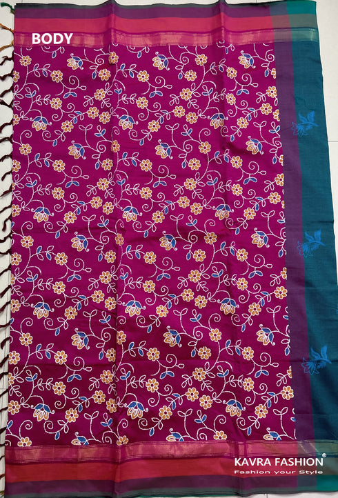 Pink Kanchi Cotton Kalamkari Hand Paint Handloom Saree with Contrast Pallu and Border