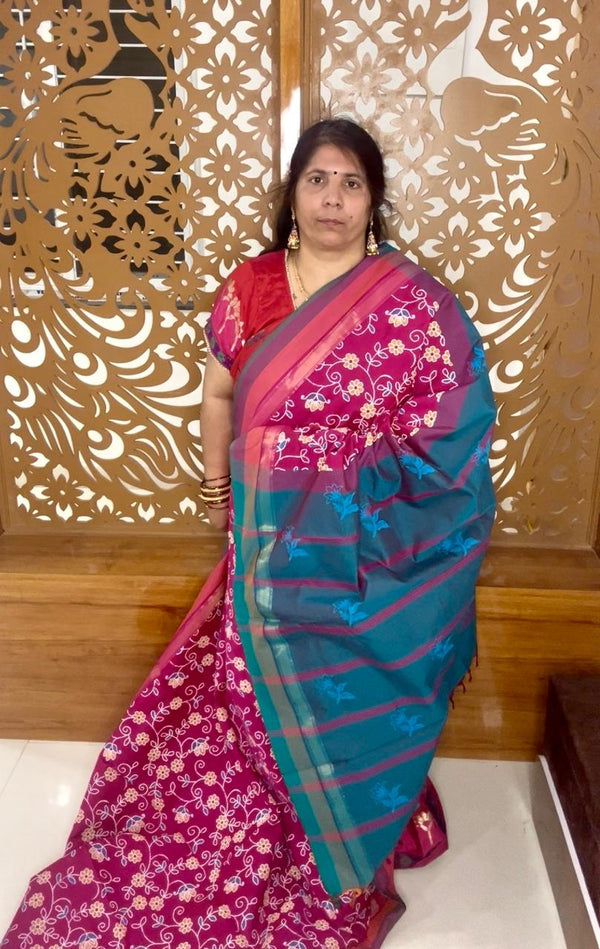 Pink Semi Kanchi Cotton Kalamkari Hand Paint Handloom Saree with Contrast Pallu and Border