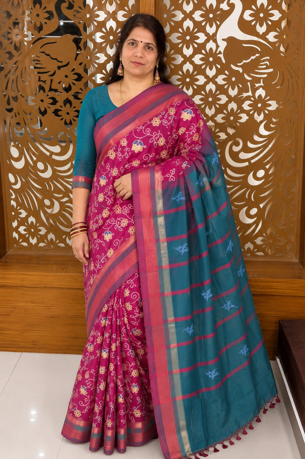 Pink Semi Kanchi Cotton Kalamkari Hand Paint Handloom Saree with Contrast Pallu and Border