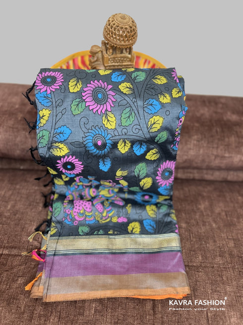 Dark Grey Semi Kanchi Cotton Kalamkari Hand Paint Handloom Saree with Contrast Pallu and Border