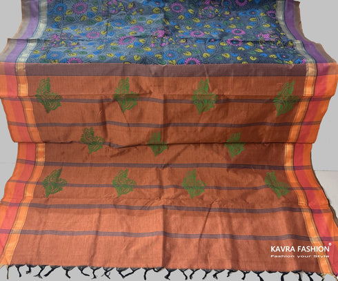 Dark Grey Semi Kanchi Cotton Kalamkari Hand Paint Handloom Saree with Contrast Pallu and Border
