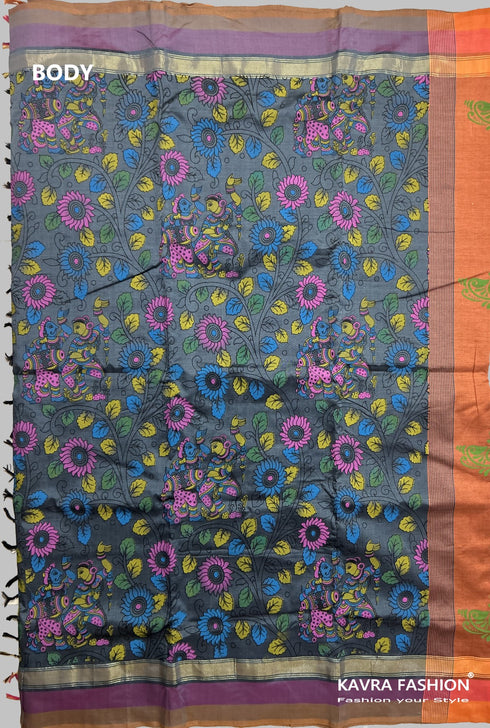 Dark Grey Semi Kanchi Cotton Kalamkari Hand Paint Handloom Saree with Contrast Pallu and Border