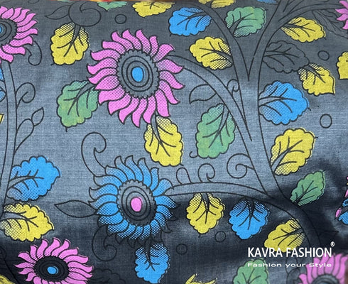 Dark Grey Semi Kanchi Cotton Kalamkari Hand Paint Handloom Saree with Contrast Pallu and Border