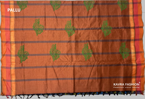 Dark Grey Semi Kanchi Cotton Kalamkari Hand Paint Handloom Saree with Contrast Pallu and Border